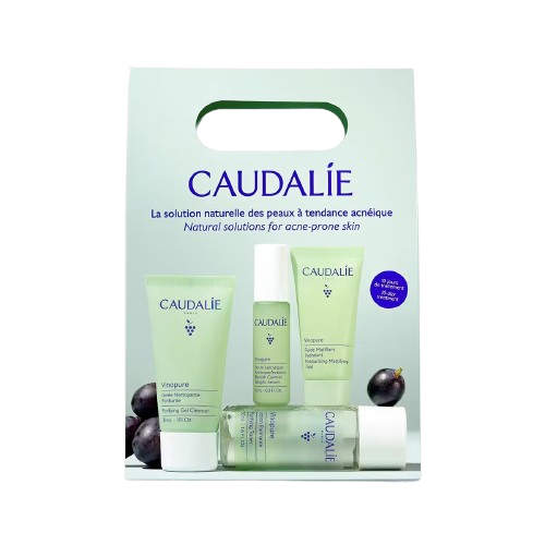 Caudalie Vinopure, kit box with handle showing the four products