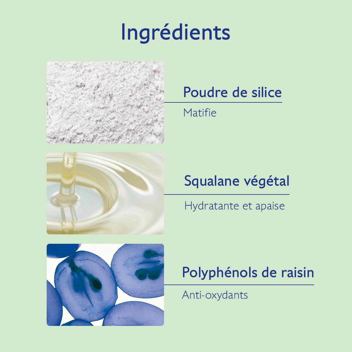 Caudalie Vinopure, key ingredients: silica powder, plant squalane and grape polyphenols