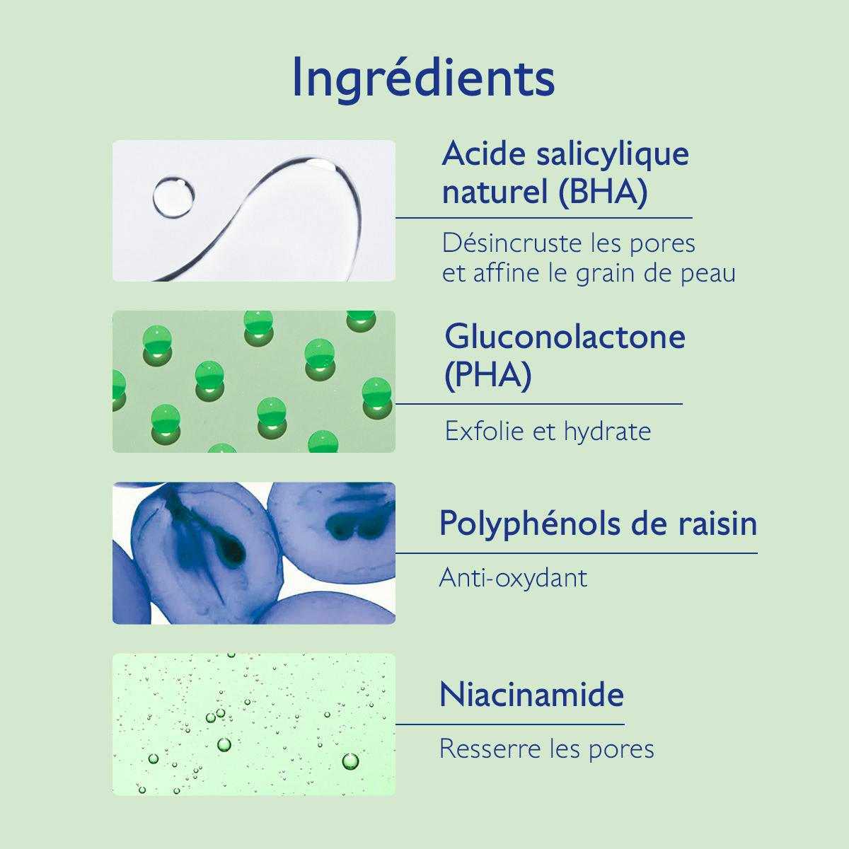 Caudalie Vinopure, key ingredients: natural salicylic acid, gluconolactone and niacinamide