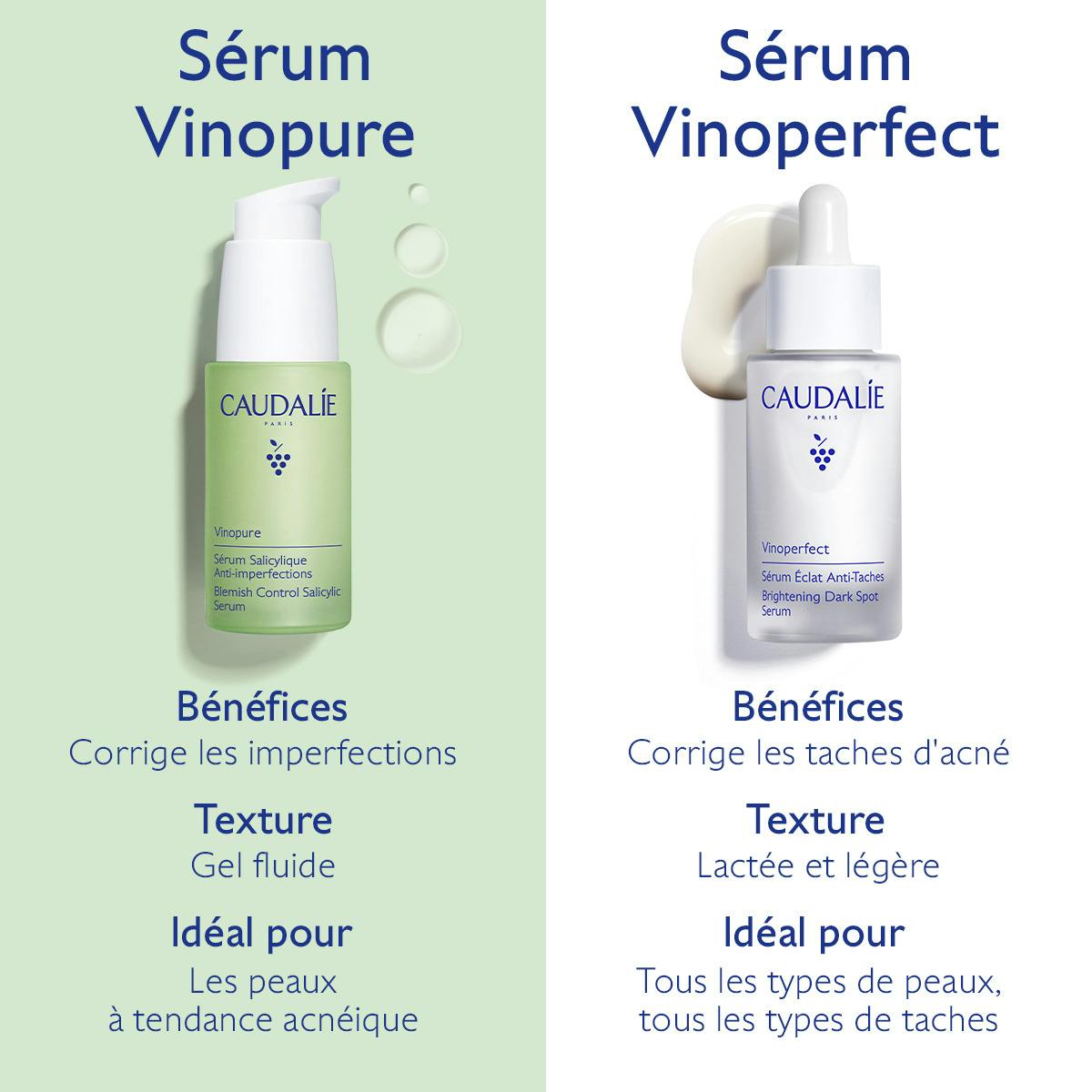 Caudalie Vinopure, serum compared with the Vinoperfect serum, in French