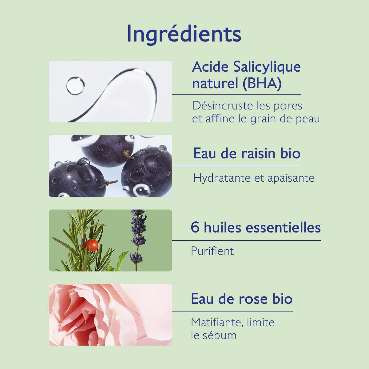 Caudalie Vinopure, key ingredients: natural salicylic acid, grape water and essential oils