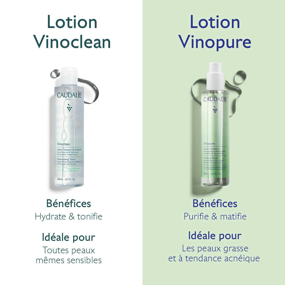 Caudalie Vinopure, Vinoclean and Vinopure lotions side by side, in French