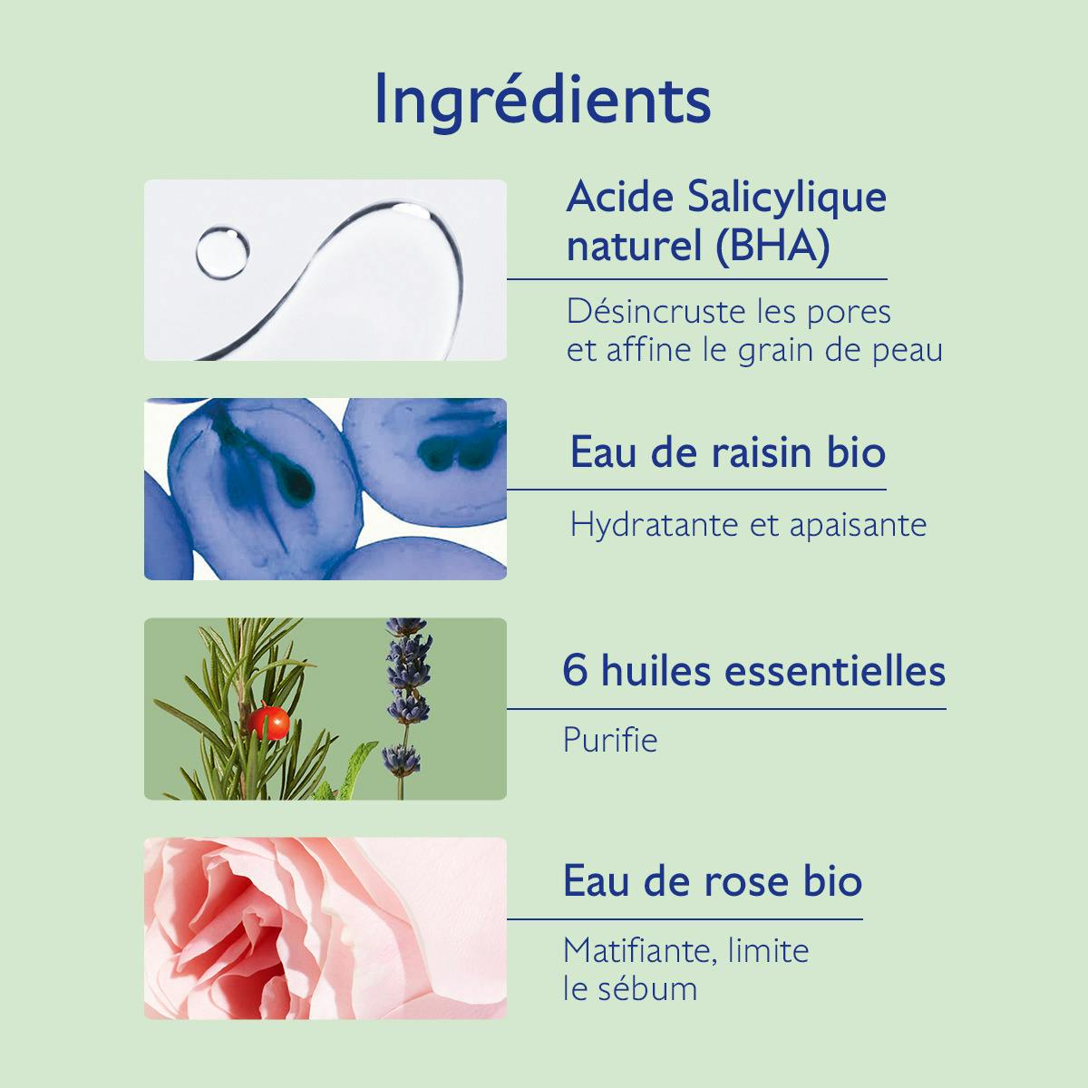 Caudalie Vinopure, key ingredients: natural salicylic acid, organic grape water and rose water