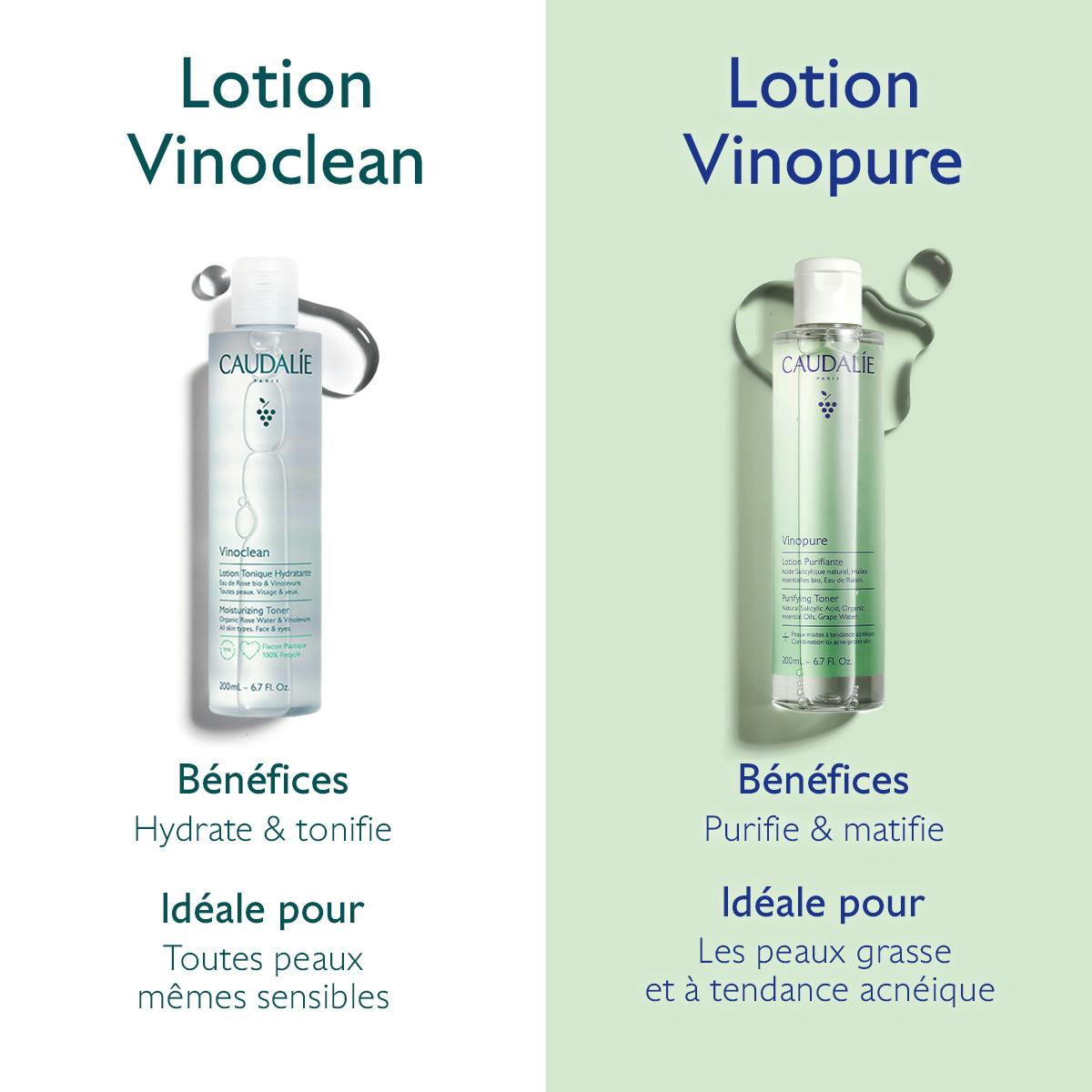 Caudalie Vinopure, lotion compared with the Vinoclean toner, in French