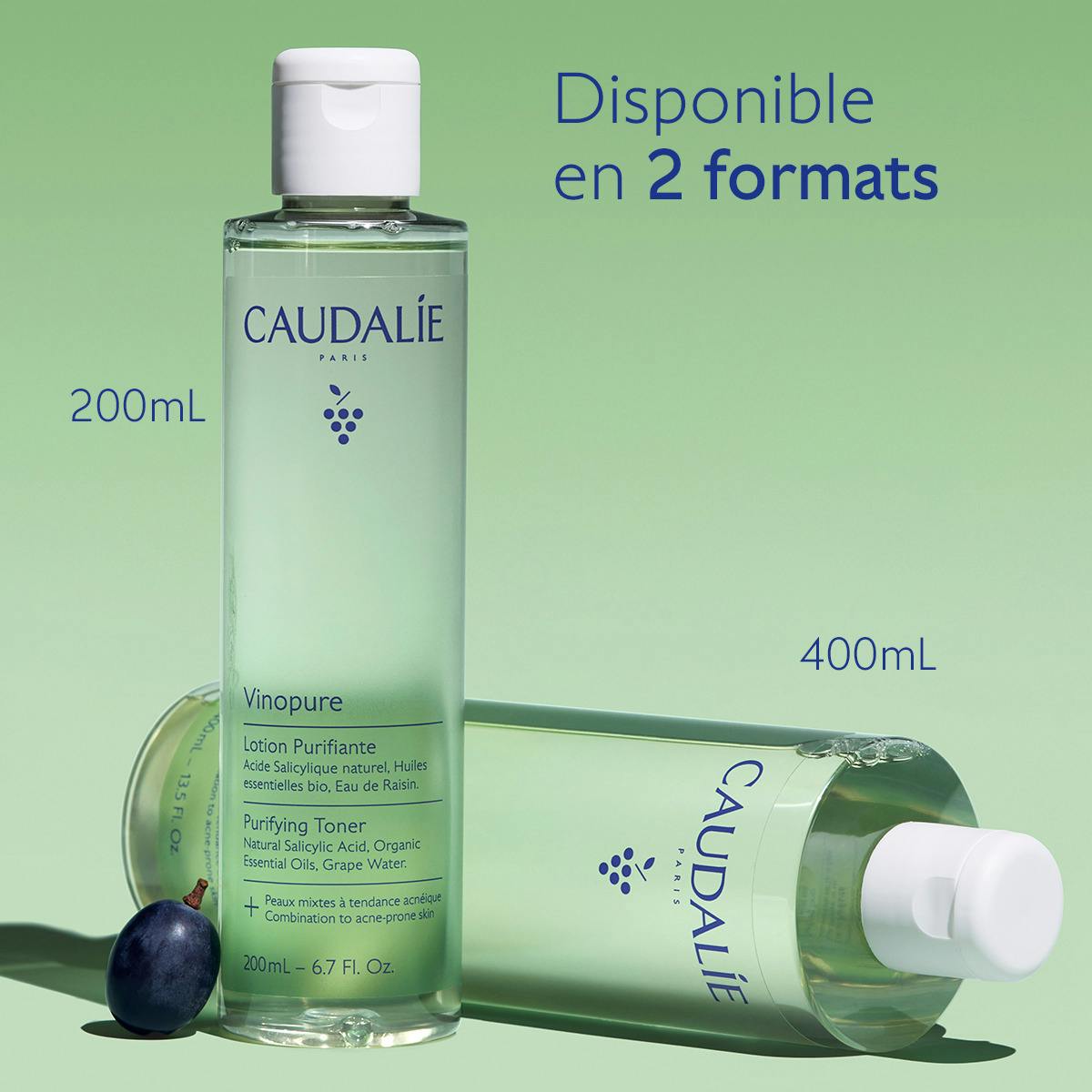 Caudalie Vinopure, two sizes, one bottle standing and one lying down