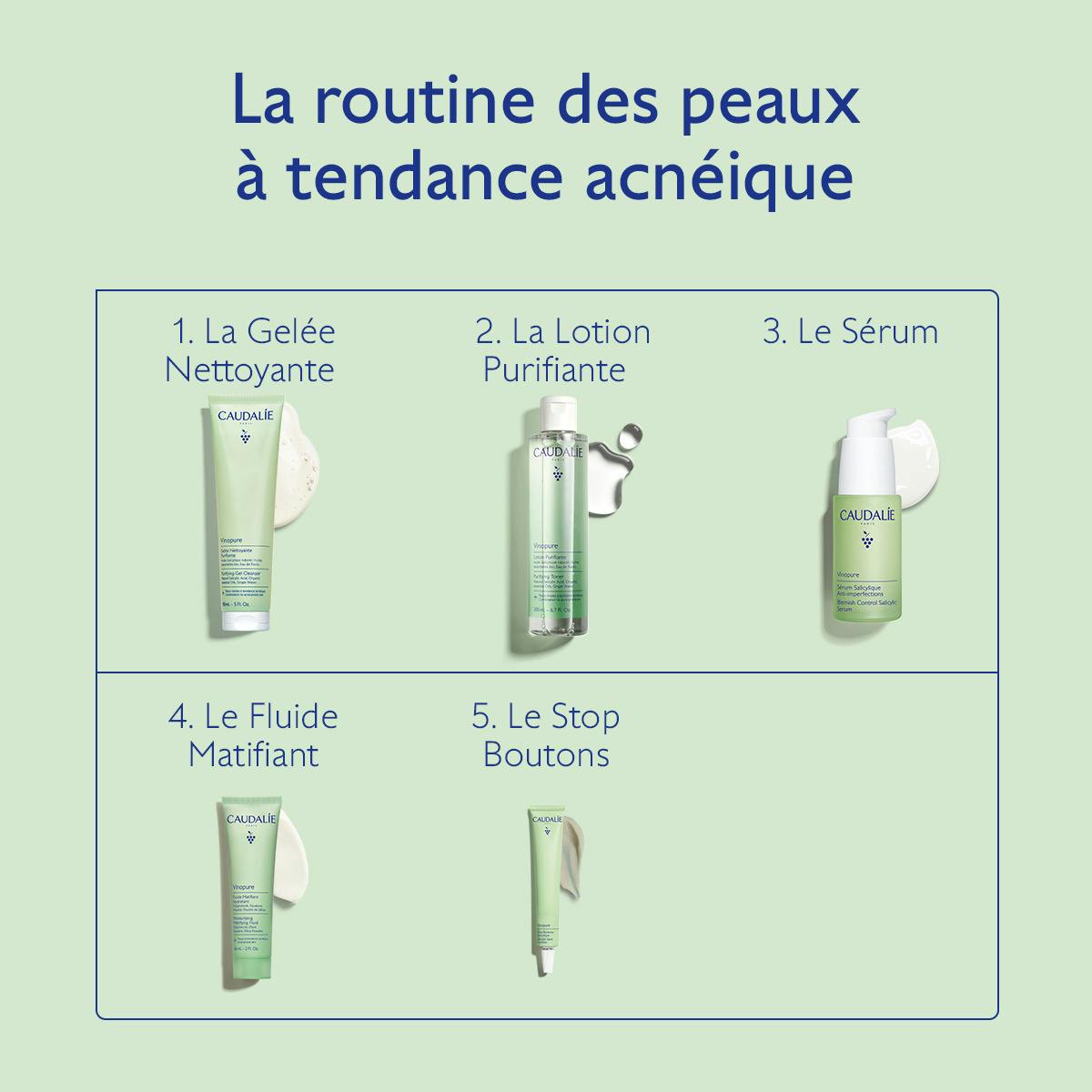 Caudalie Vinopure, five-step routine chart in French