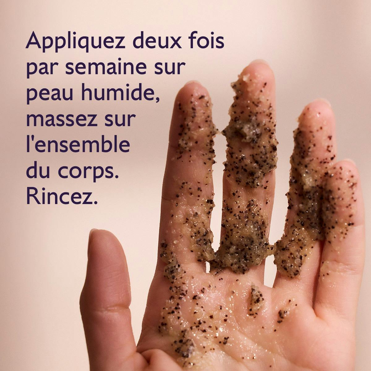 Caudalie Vinosculpt, scrub on an open hand with directions in French