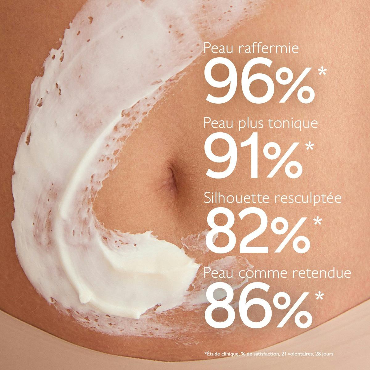 Caudalie Vinosculpt, cream swirl on the stomach with study results in French