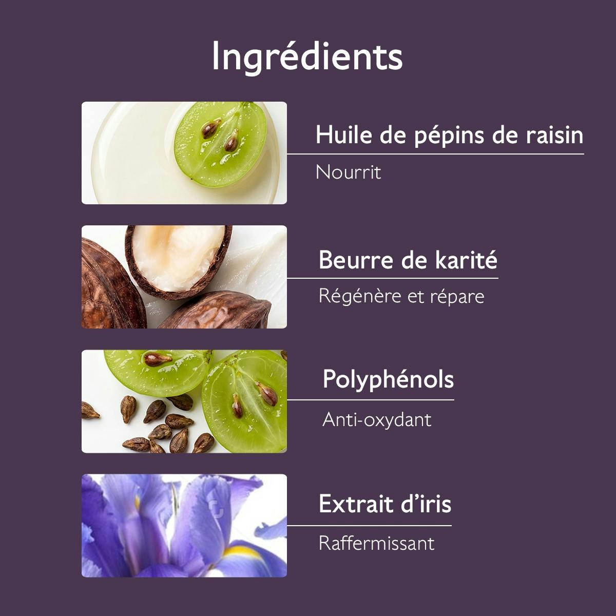 Caudalie Vinosculpt, key ingredients: grape seed oil, shea butter and iris extract