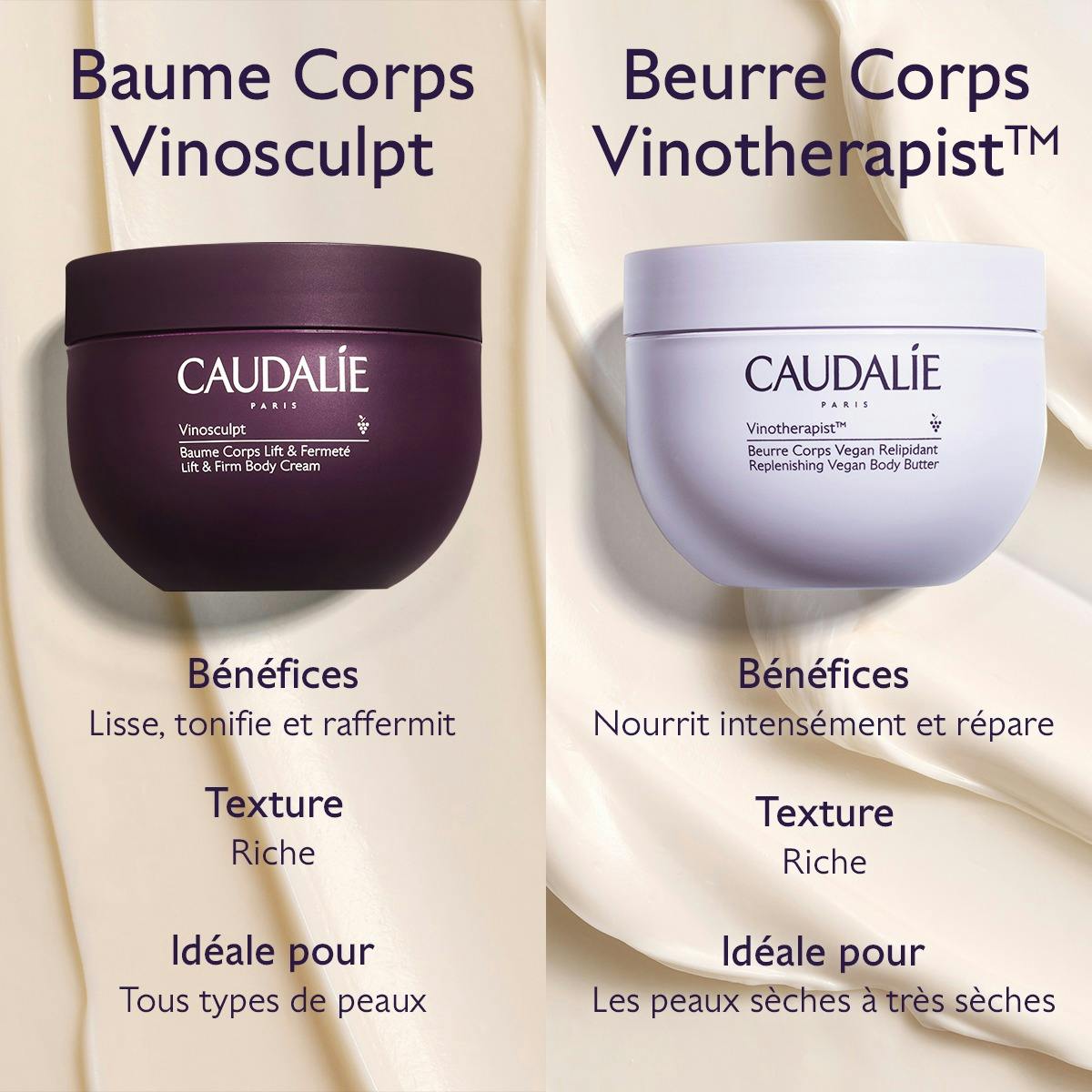 Caudalie Vinosculpt, balm compared with the Vinotherapist body butter, in French
