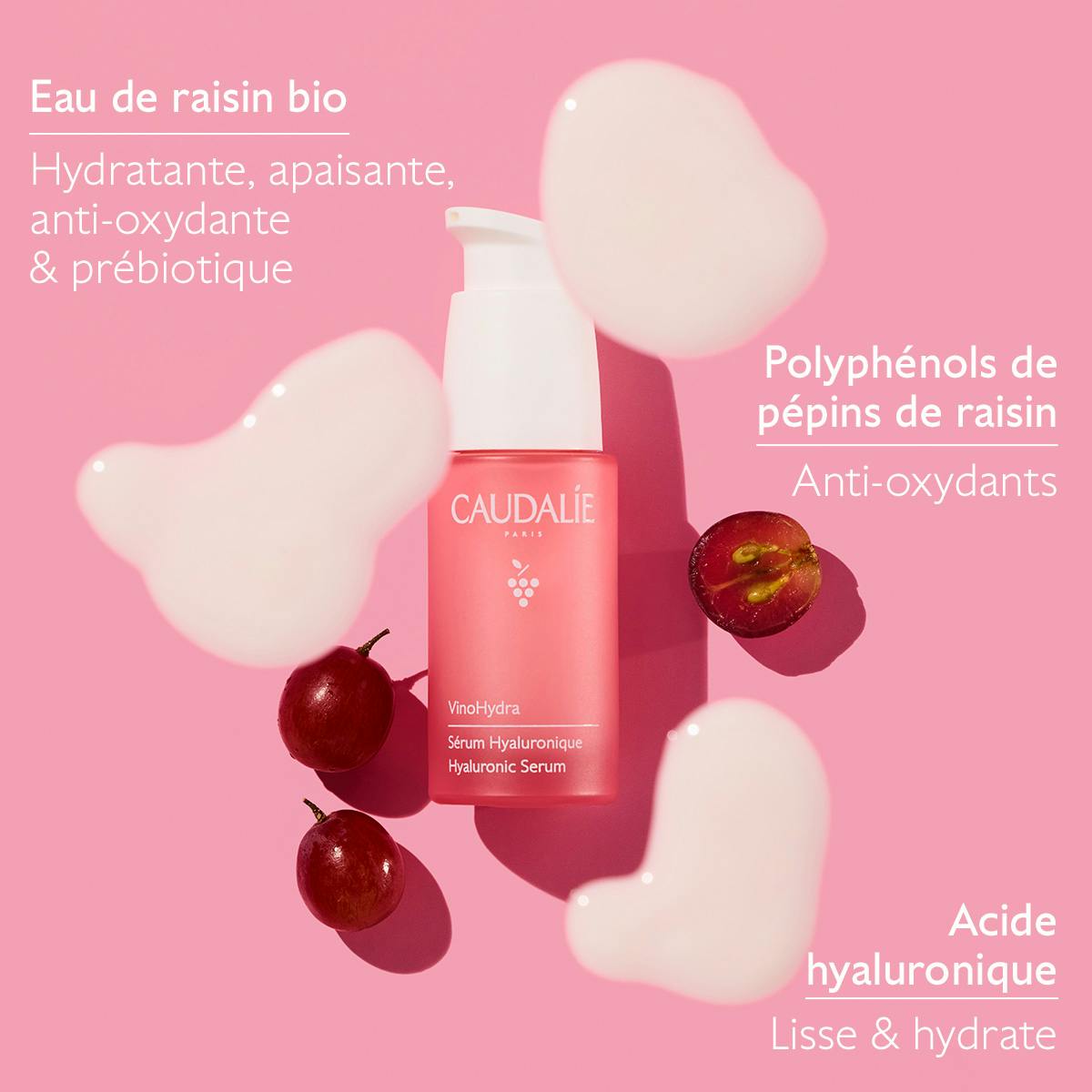 Caudalie Vinosource Hydra, key ingredients: grape water, grape seed polyphenols and hyaluronic acid