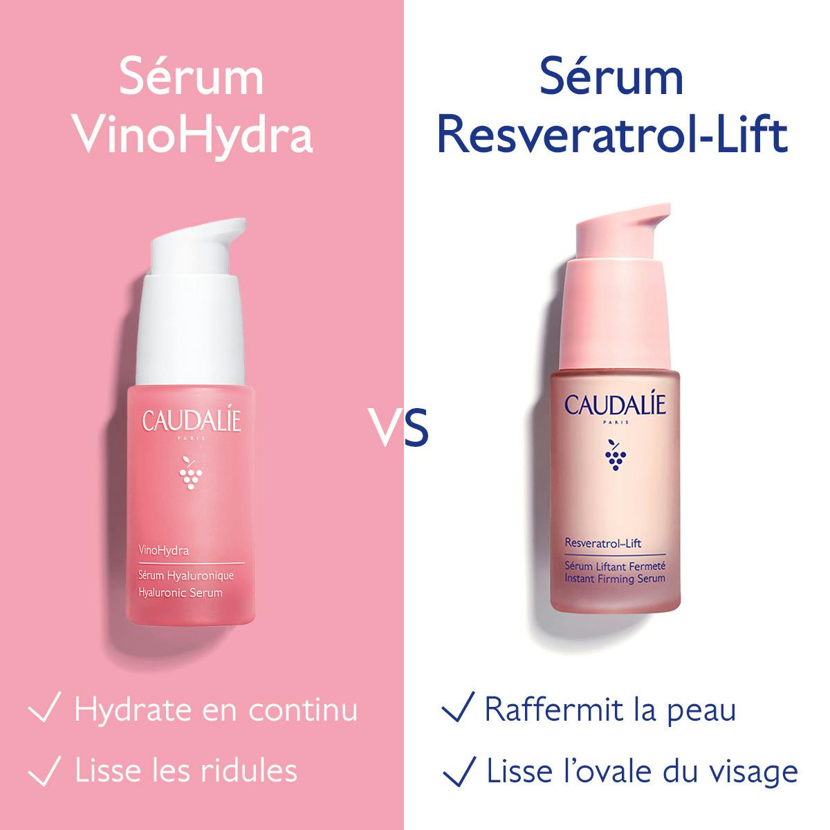 Caudalie Vinosource Hydra, serum compared with the Resveratrol-Lift serum in French