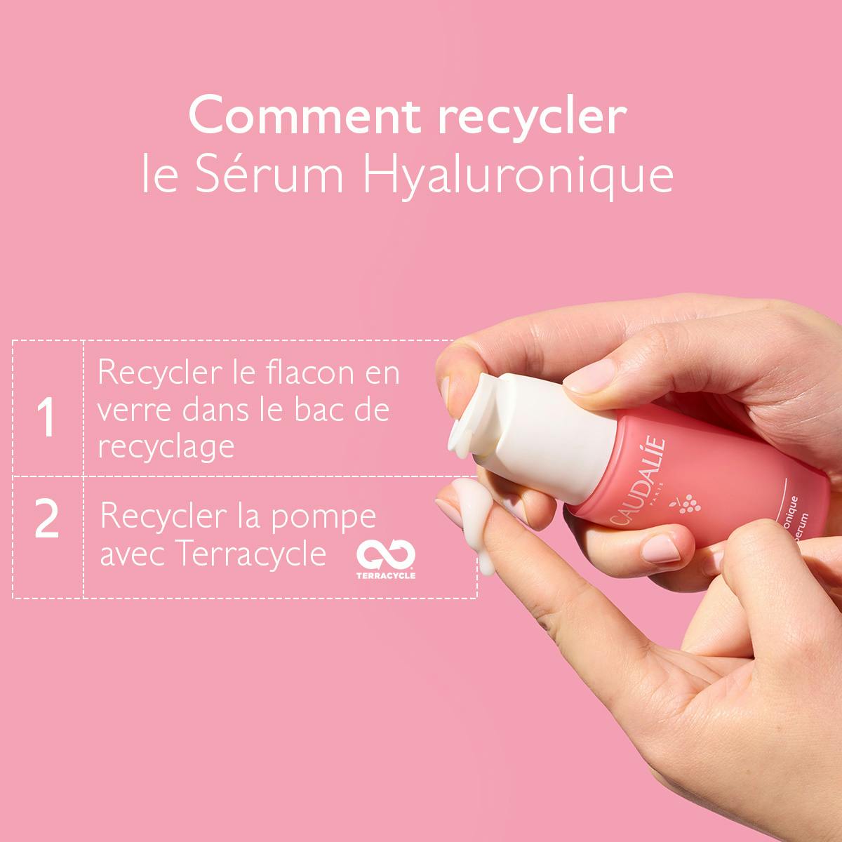 Caudalie Vinosource Hydra, recycling instructions for the glass bottle and pump