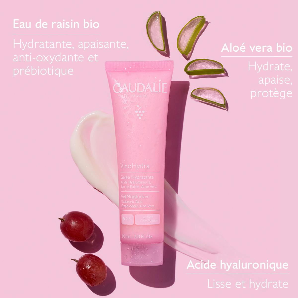 Caudalie Vinosource Hydra, key ingredients: grape water, aloe vera and hyaluronic acid