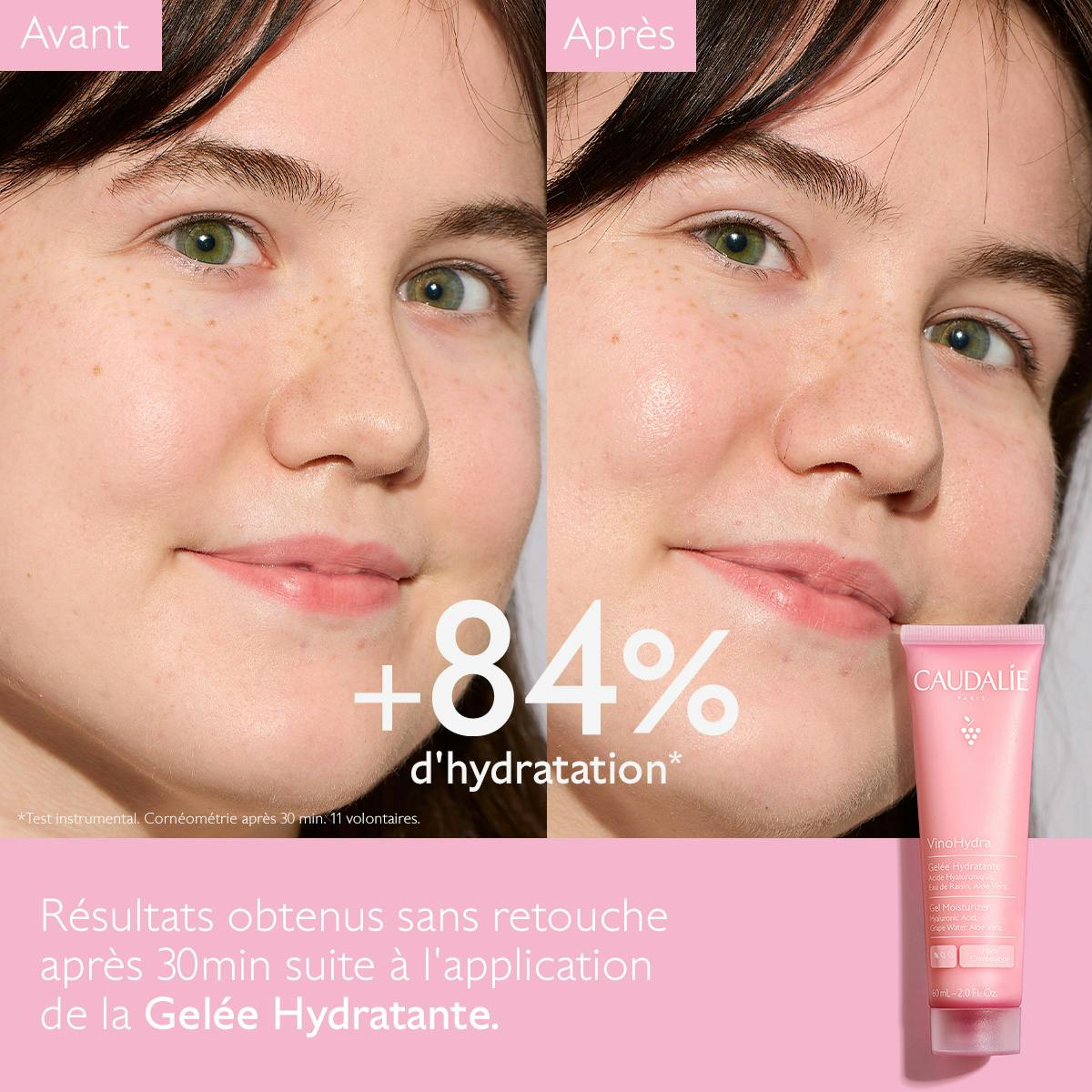 Caudalie Vinosource Hydra, before and after photos of a woman's face