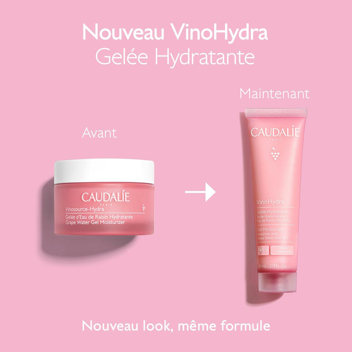Caudalie Vinosource Hydra, old jar and new tube packaging side by side