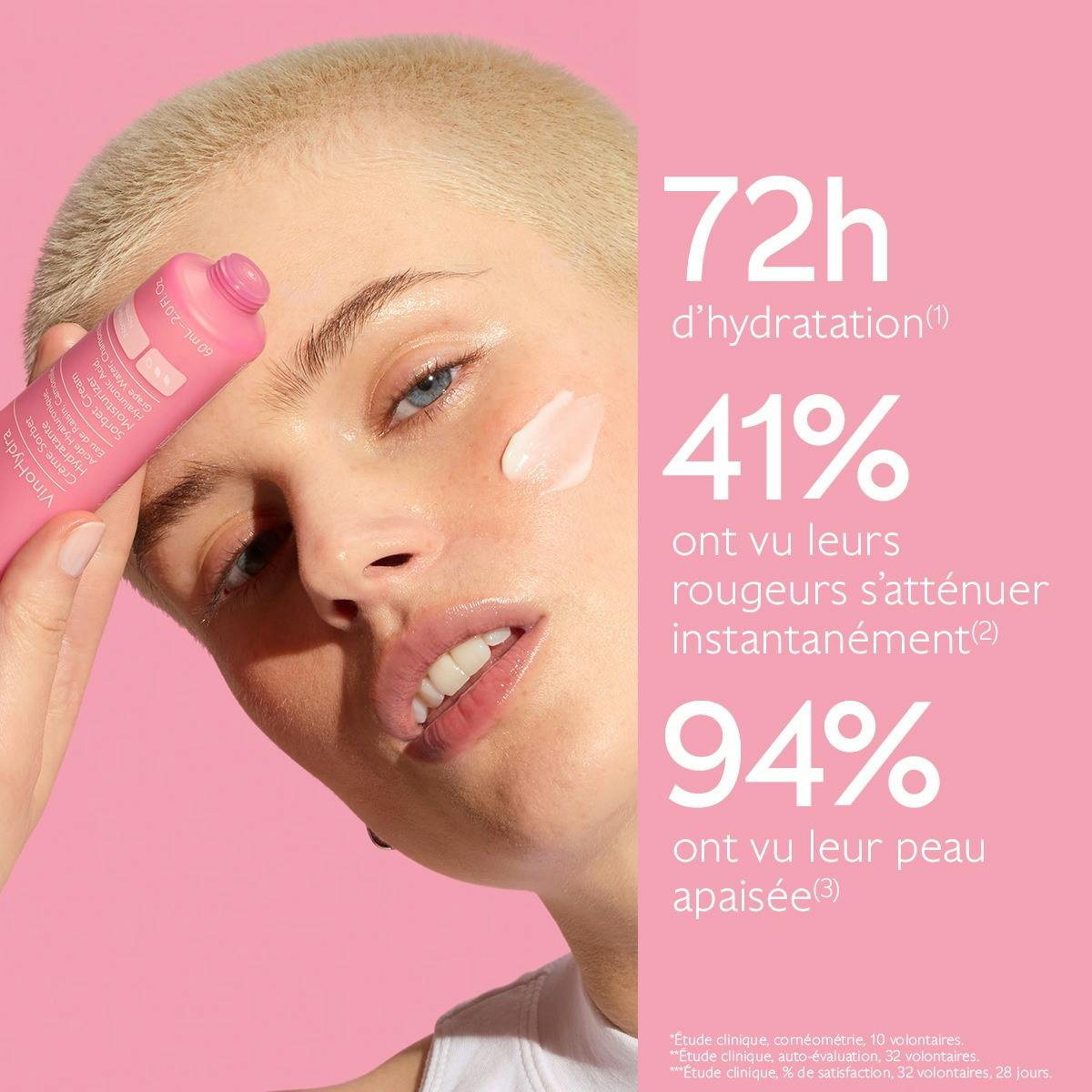 Caudalie Vinosource Hydra, woman holding the tube to her forehead with cream on her cheek