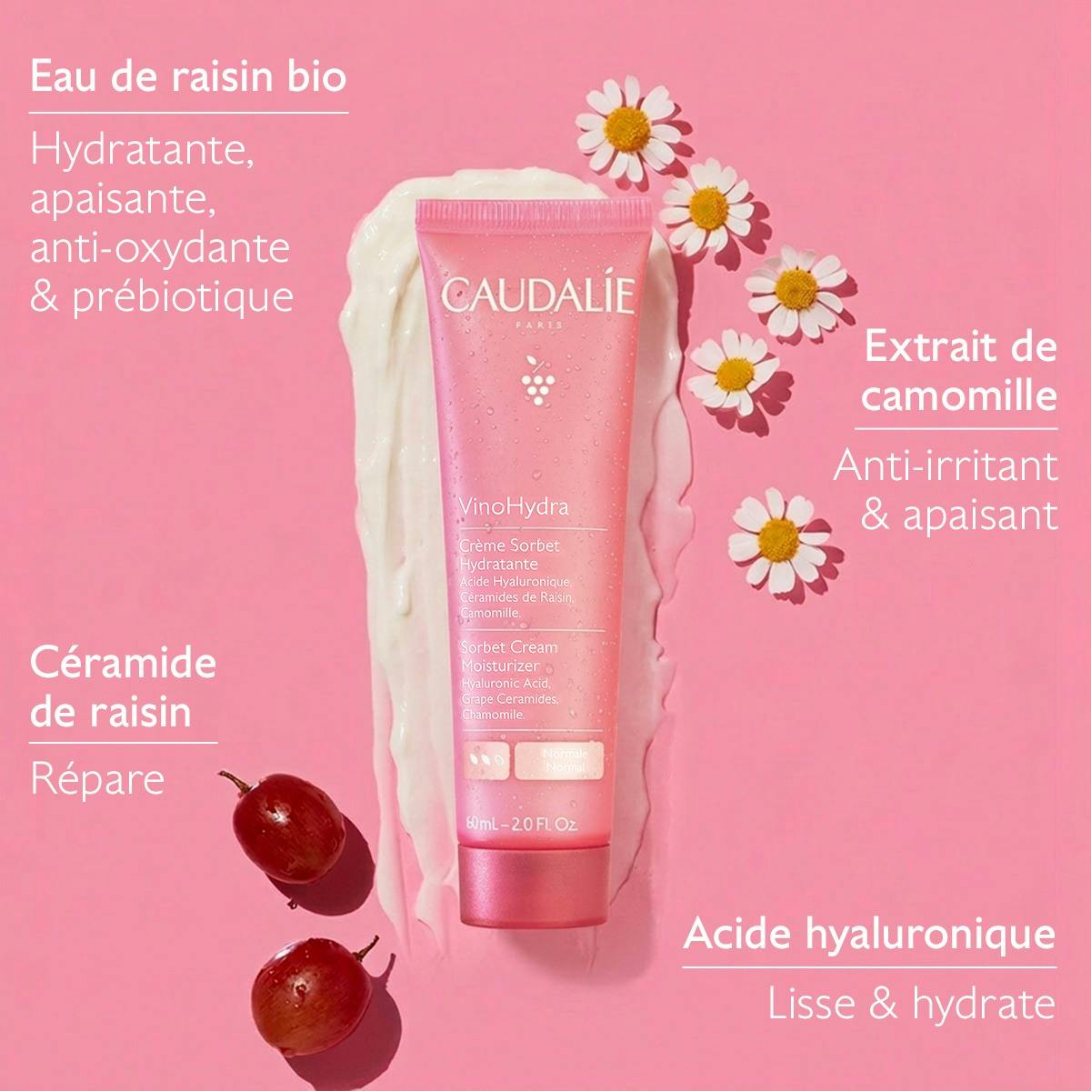 Caudalie Vinosource Hydra, key ingredients: grape water, chamomile extract and grape ceramide