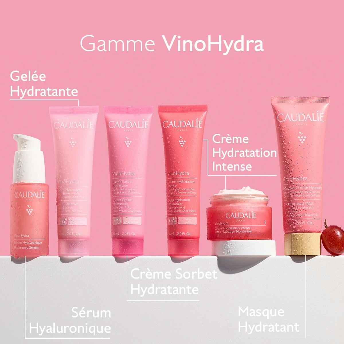 Caudalie Vinosource Hydra, range of six products side by side