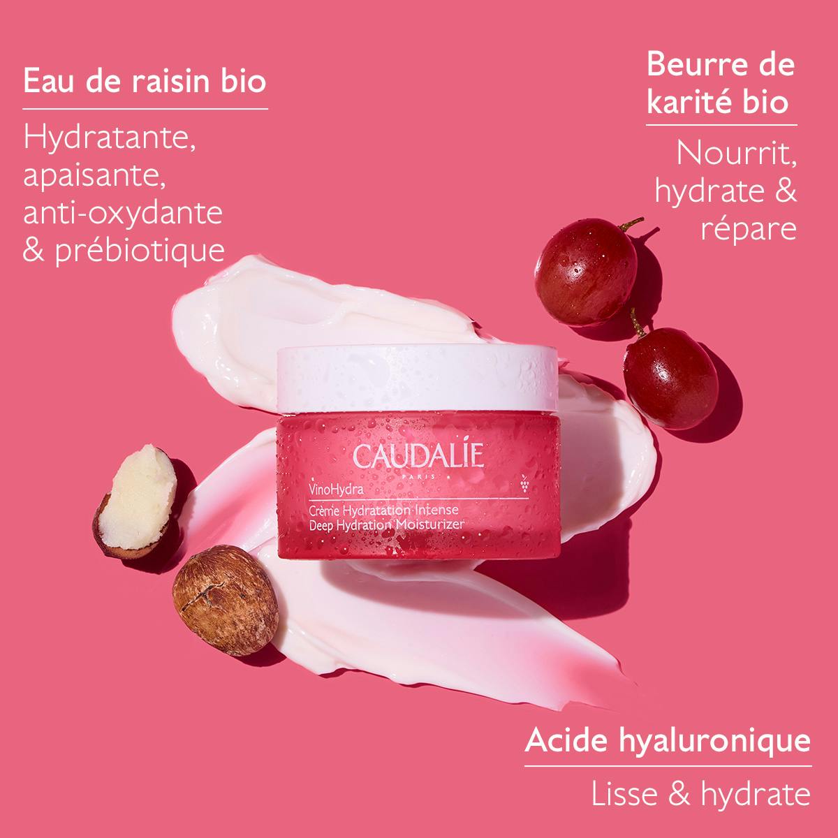 Caudalie Vinosource-Hydra, key ingredients: grape water, shea butter and hyaluronic acid