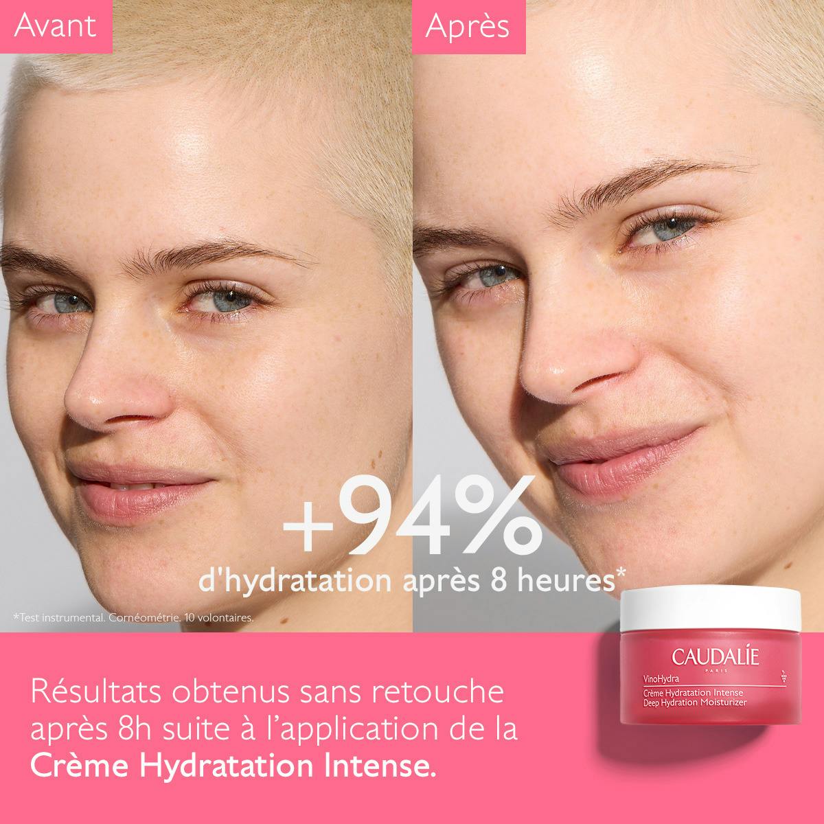 Caudalie Vinosource-Hydra, before and after photos of a woman's face