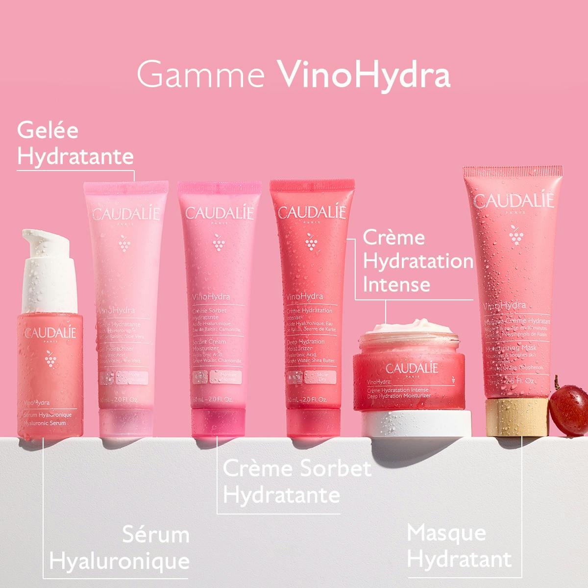 Caudalie Vinosource Hydra, range of six products side by side