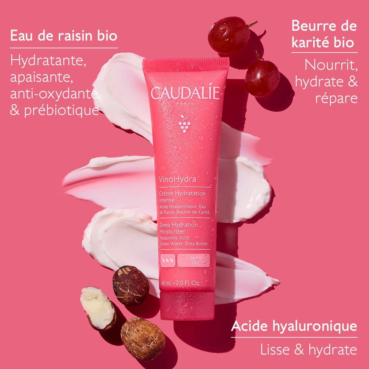 Caudalie Vinosource Hydra, key ingredients: grape water, shea butter and hyaluronic acid