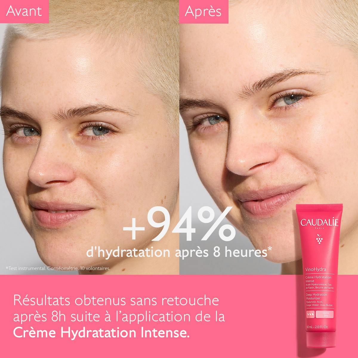 Caudalie Vinosource Hydra, before and after photos of a woman's face