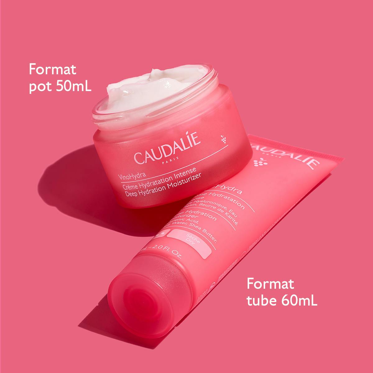 Caudalie Vinosource Hydra, open 50ml jar next to the 60ml tube