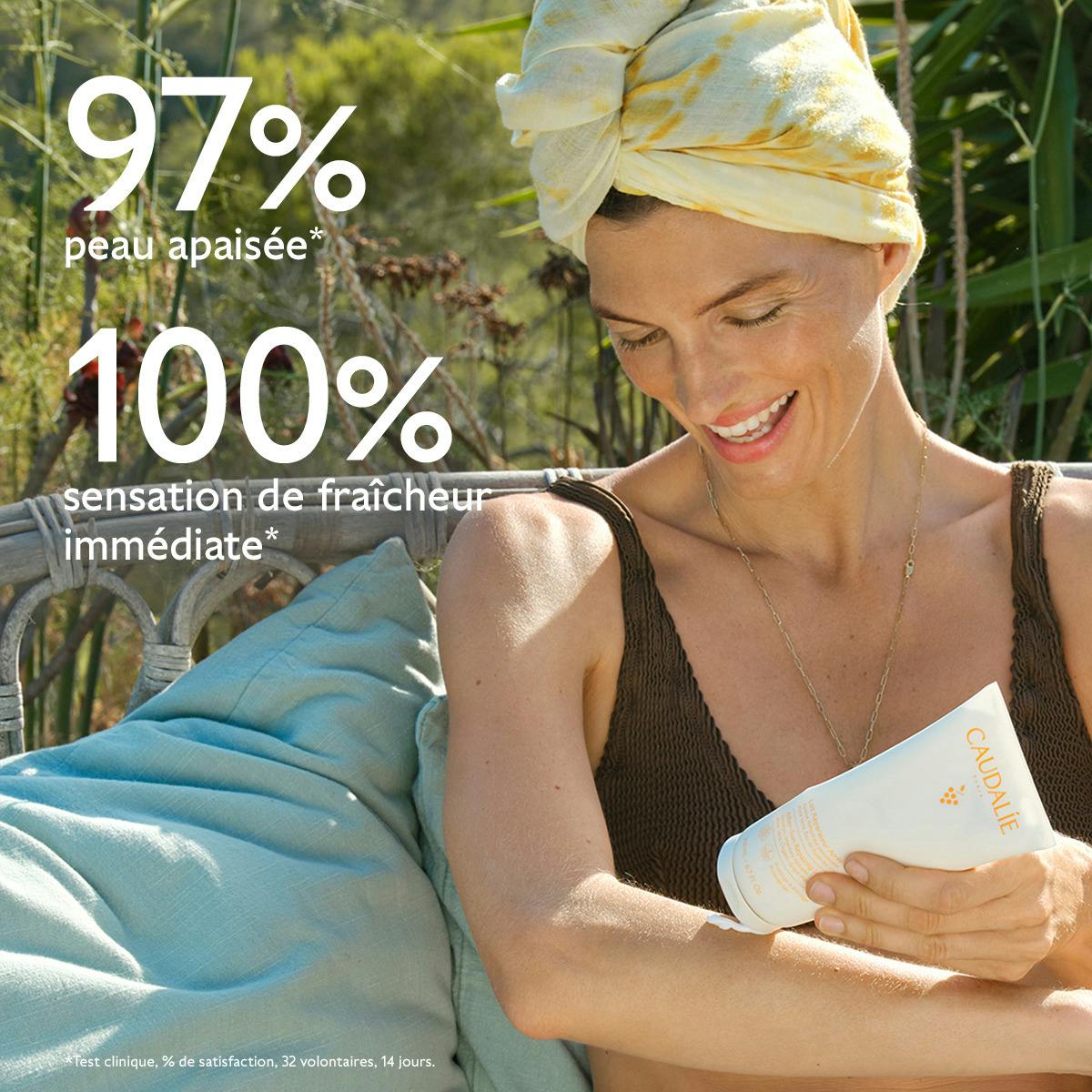 Caudalie Vinosun Protect, woman in a head towel squeezing the tube onto her arm