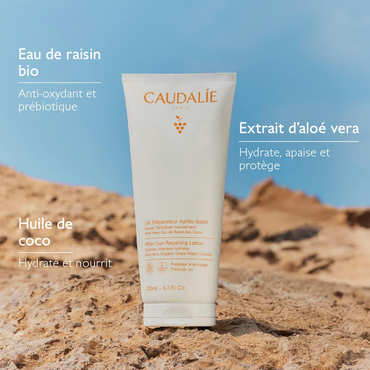 Caudalie Vinosun Protect, key ingredients: grape water, aloe vera extract and coconut oil