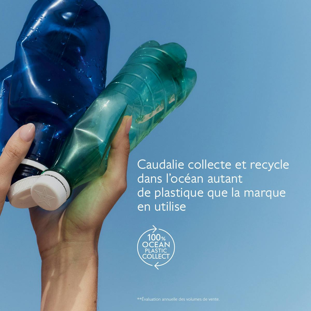 Caudalie Vinosun Protect, hand holding plastic bottles with an ocean plastic message