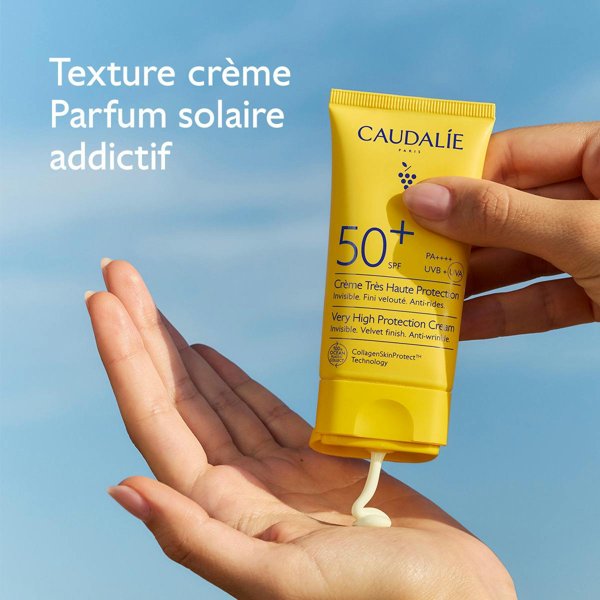 Caudalie Vinosun Protect, cream squeezed from the tube into an open palm