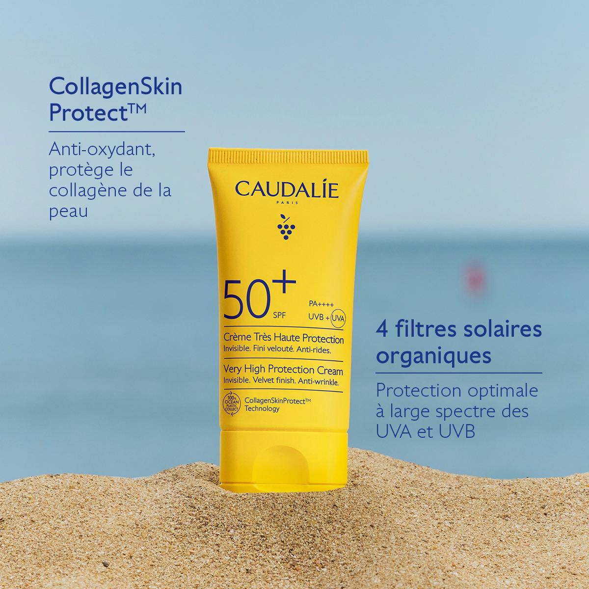 Caudalie Vinosun Protect, tube on sand with technology and UV filter captions in French