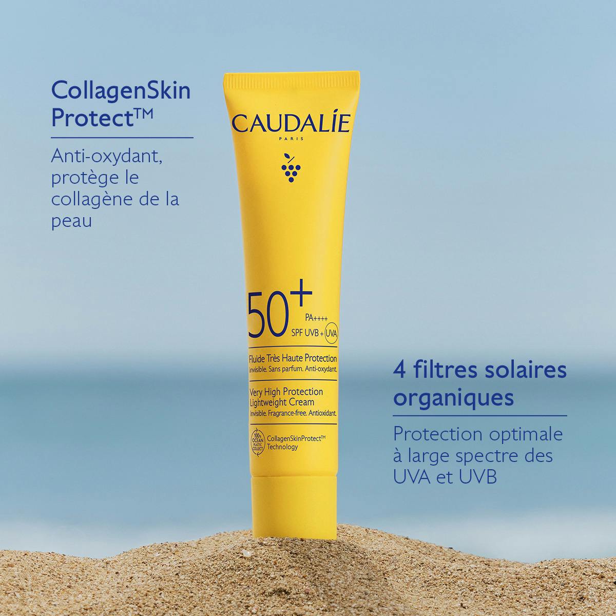 Caudalie Vinosun Protect, tube on sand with technology and UV filter captions in French