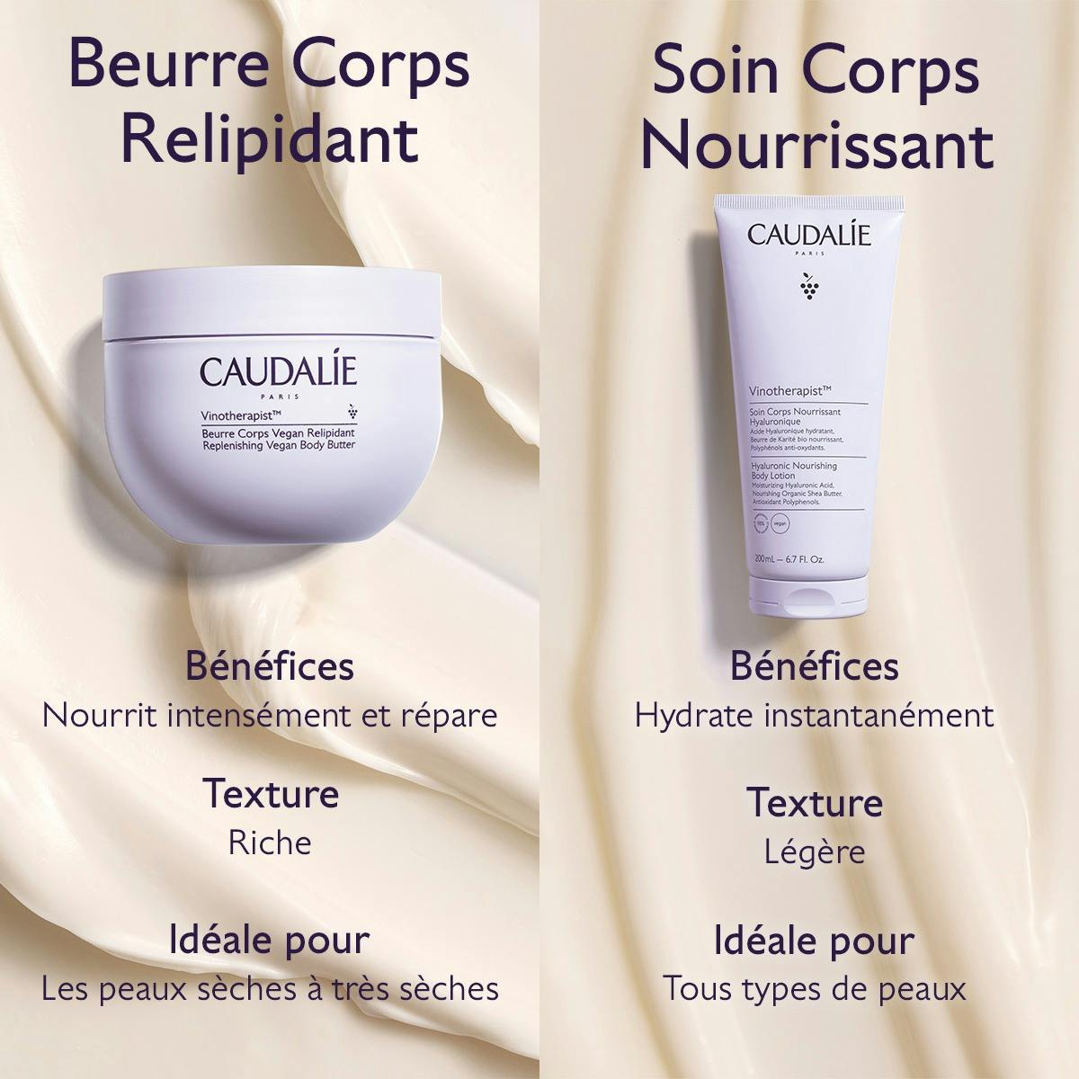 Caudalie Vinotherapist, body butter and body lotion compared side by side in French