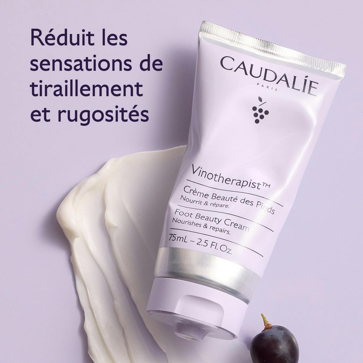 Caudalie Vinotherapist, tube on a cream swatch with a grape