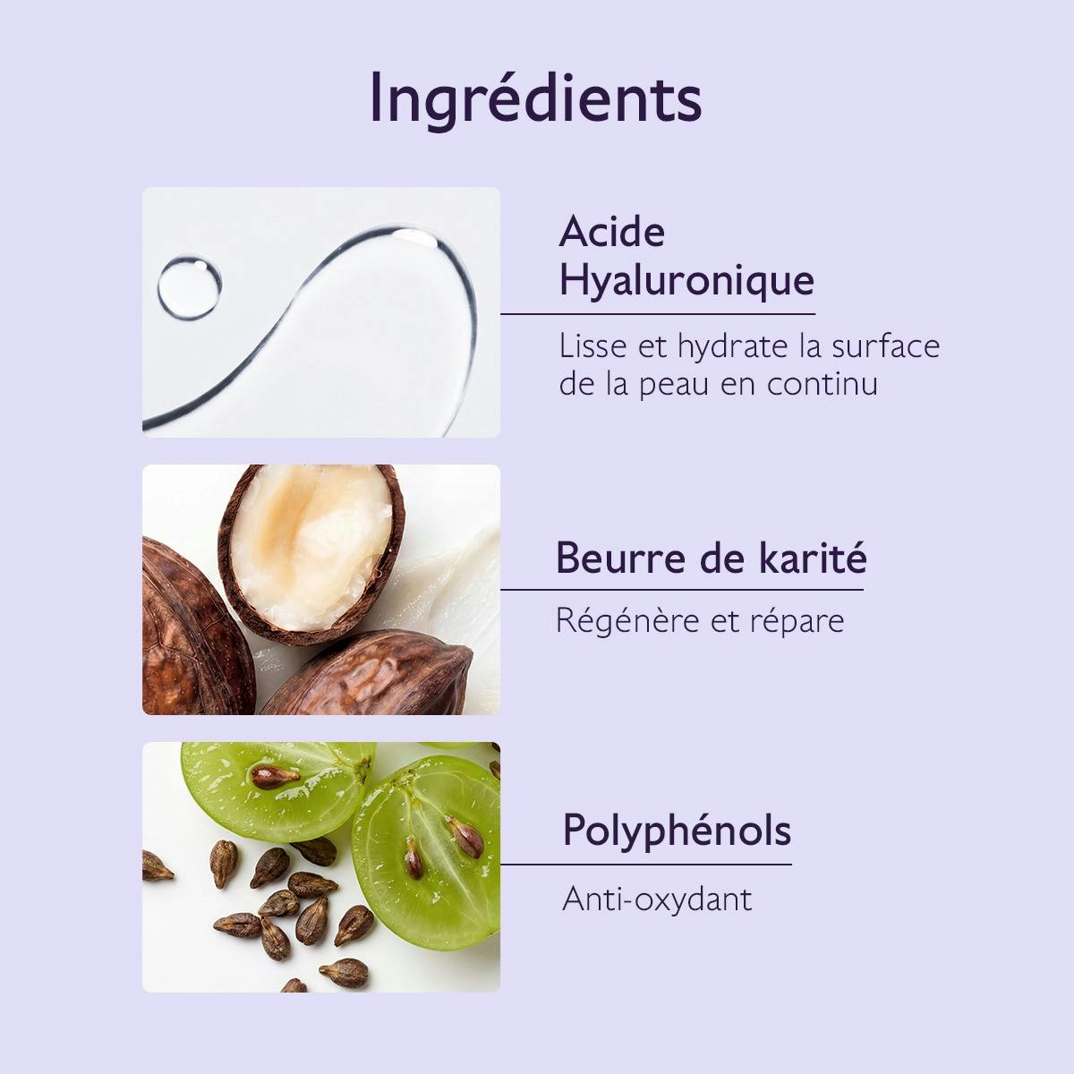 Caudalie Vinotherapist, key ingredients: hyaluronic acid, shea butter and polyphenols