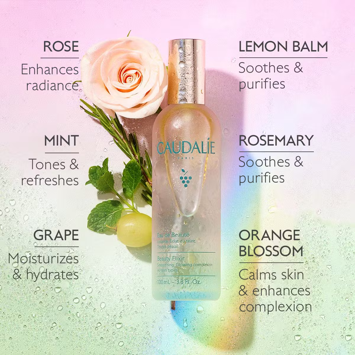 Caudalie Beauty Elixir iconic French radiance face mist bottle, packaging detail
