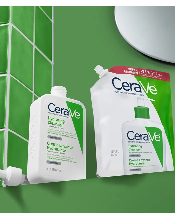CeraVe Hydrating Facial Cleanser Refill, pouch and pump bottle on a bathroom shelf