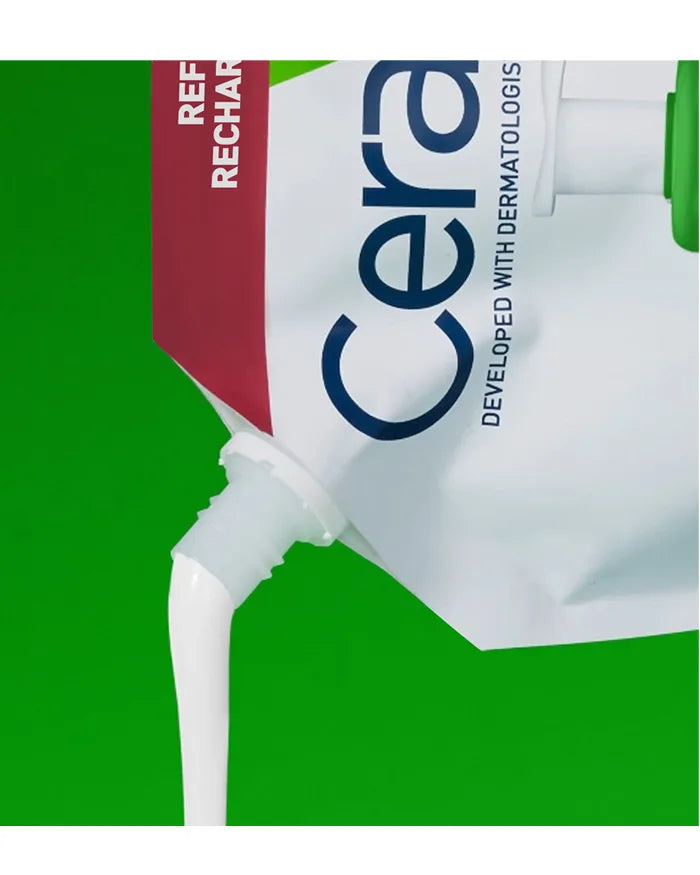 CeraVe Hydrating Facial Cleanser Refill, cream flowing from the pouch spout