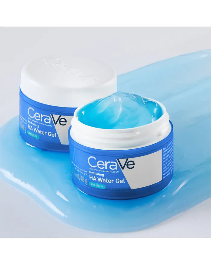 CeraVe Hydrating HA Water Gel, two jars on a pool of blue gel