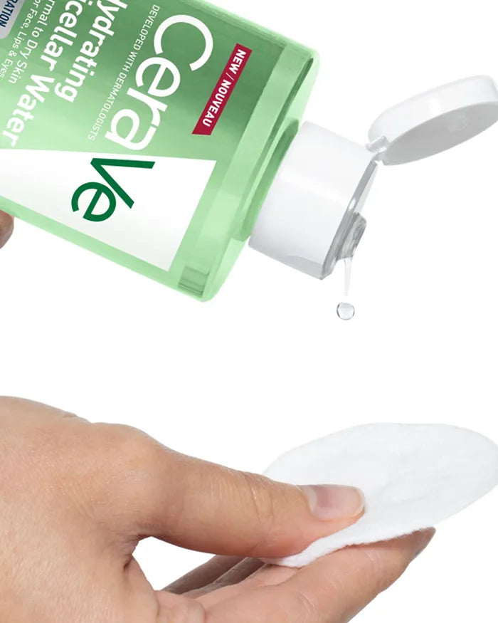 CeraVe Hydrating Micellar Water, poured onto a cotton pad