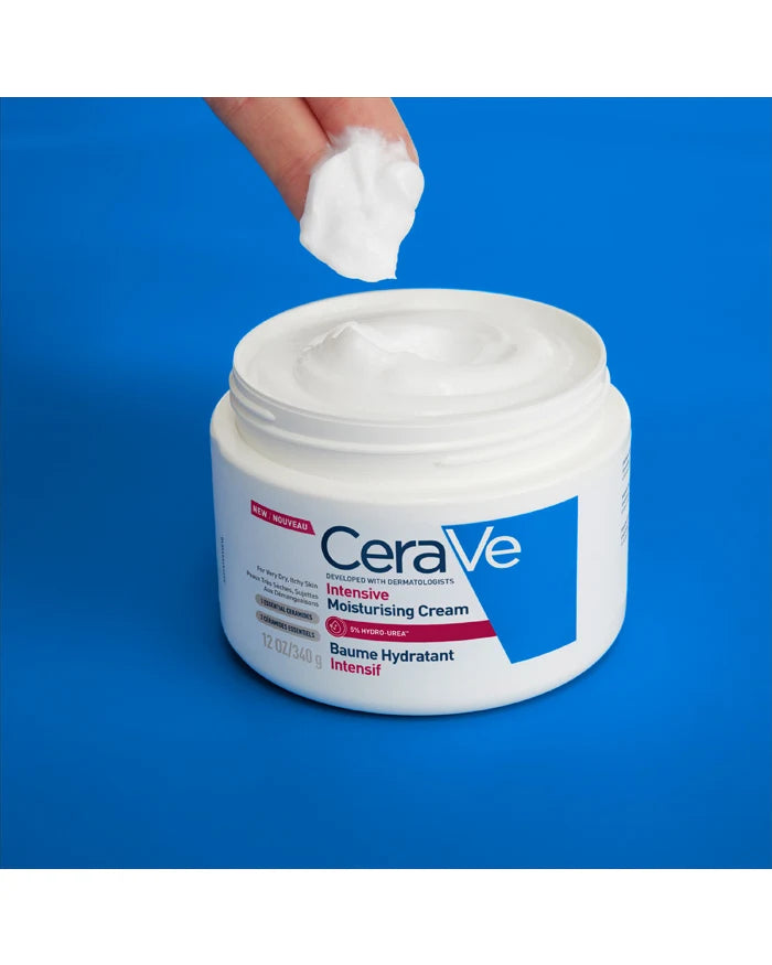CeraVe Intensive Moisturizing Cream 340g, open jar with cream scooped on a fingertip