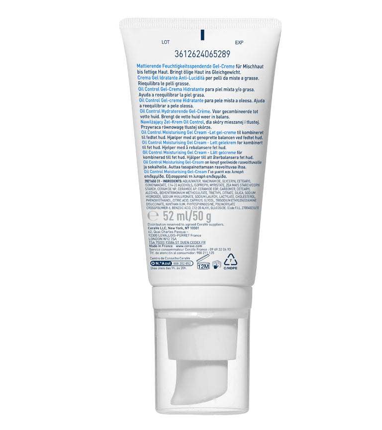 CeraVe Oil Control Gel-Cream 52ml, back label with ingredient list