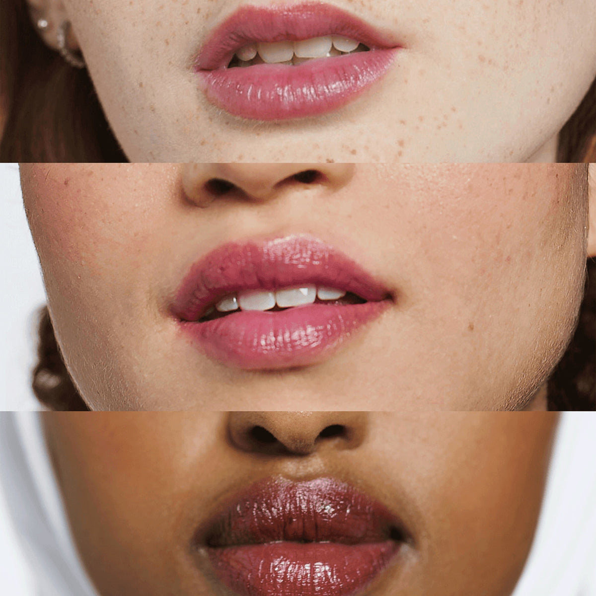 Clinique Almost Lipstick, Black Honey on three lip tones