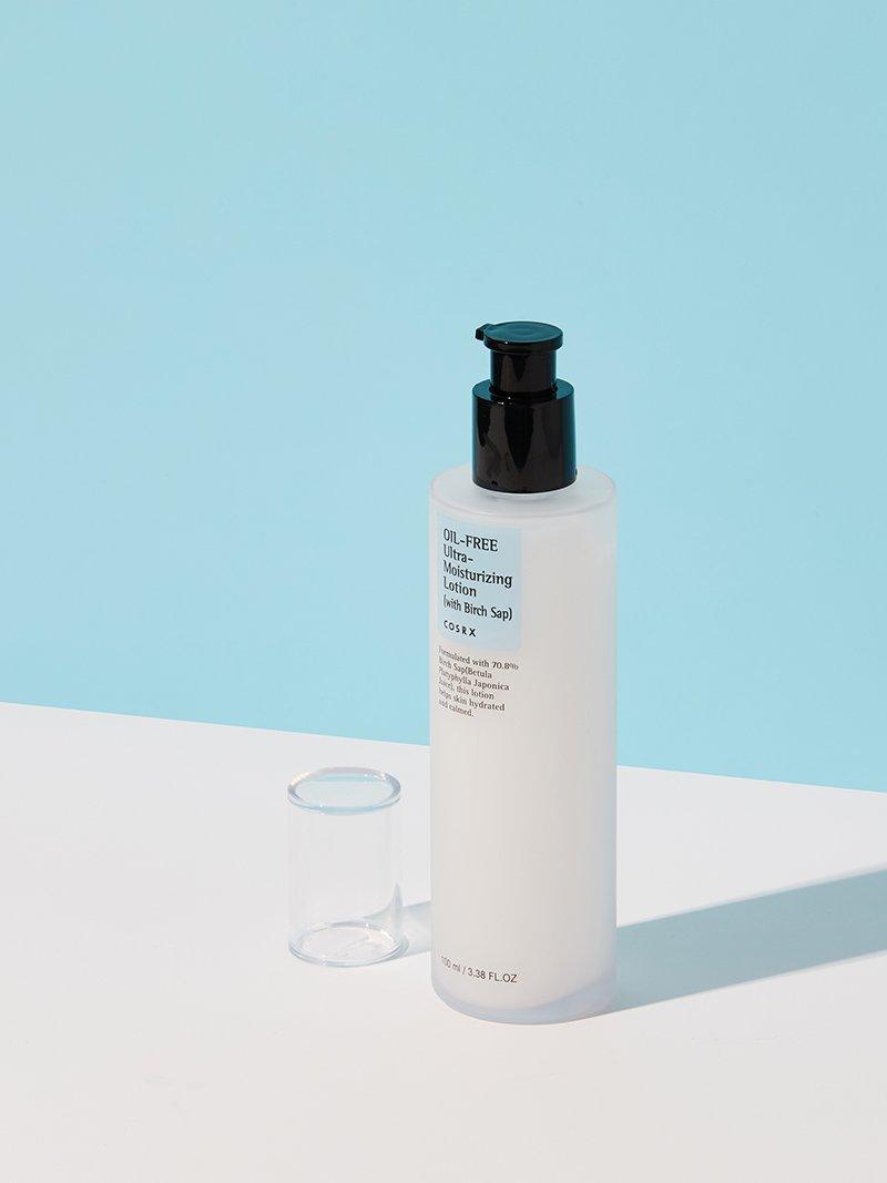 COSRX Oil-Free Ultra-Moisturizing Lotion, open pump bottle with its clear cap