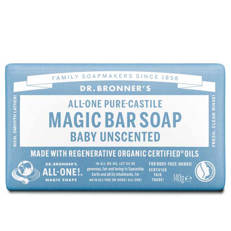 Dr. Bronner's Baby Unscented Pure-Castile Bar Soap 140g, front of the bar