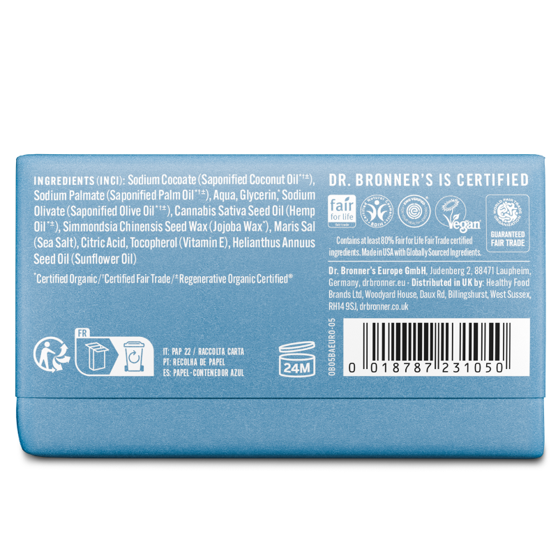 Dr. Bronner's Baby Unscented 140g, back label with ingredient list