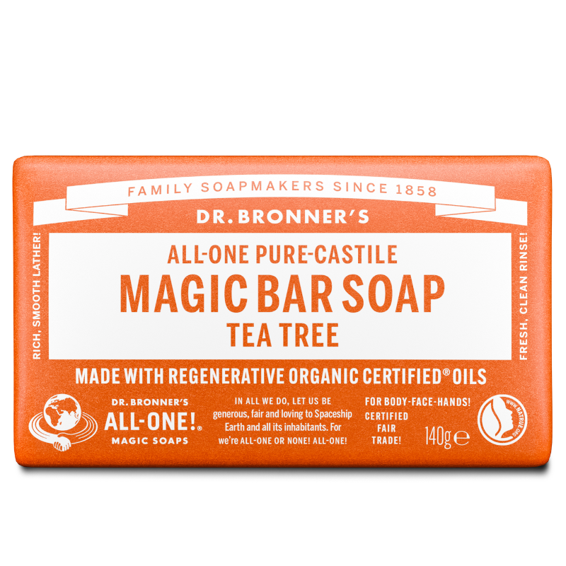 Dr. Bronner's Tea Tree Pure-Castile Bar Soap 140g, front of the bar